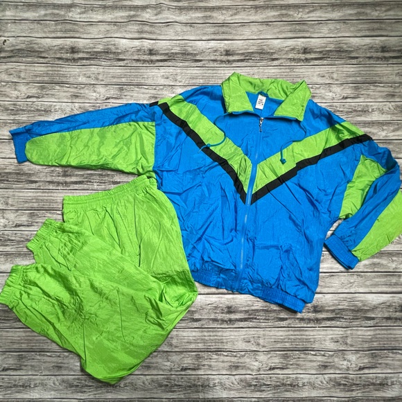 VINTAGE The Body Co. Jacket (Lg) & Pants (PM) Neon Blue/Green Windbreaker Track - Picture 1 of 9